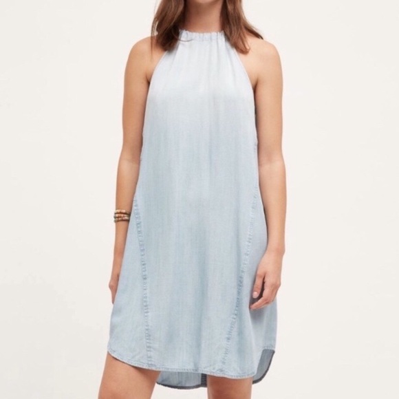 Cloth & Stone Blue Dress “High Tide” Halter Mini Anthro Light Wash Size S Petite - Picture 2 of 9